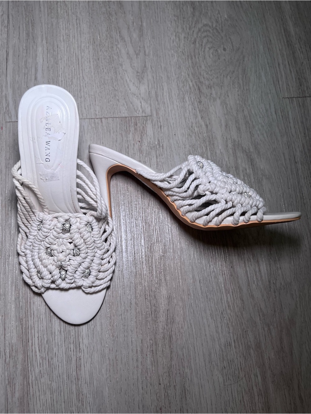 Azelea Wang White Macramé Knotted Slide Heels 8.5